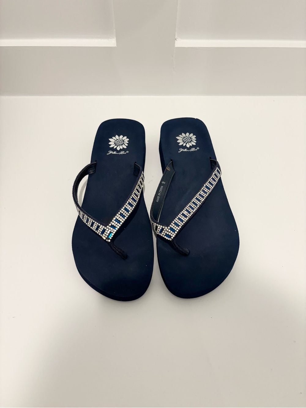 Yellow Box Navy Rhinestone Flip Flop Sandals
